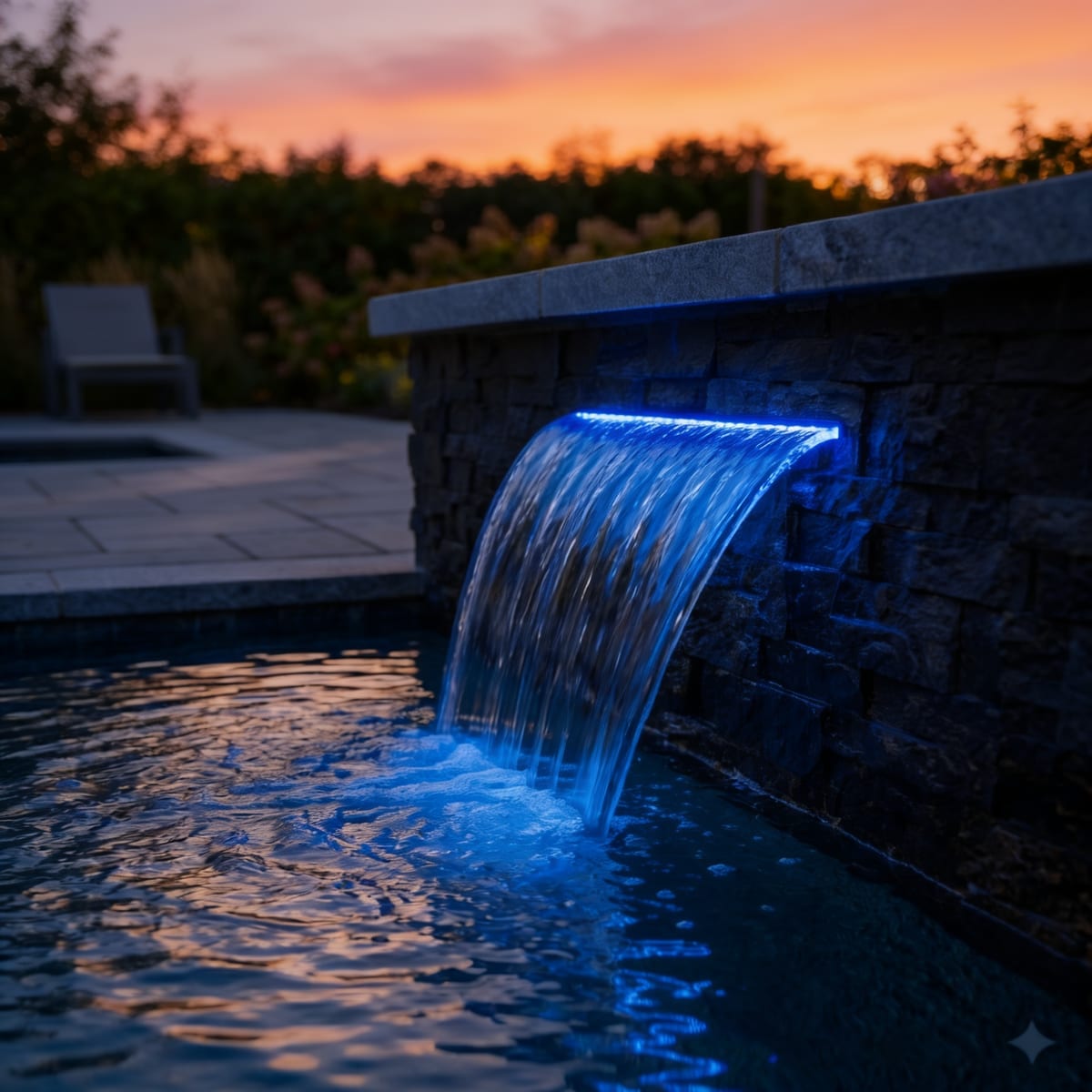 Lame d'eau LED Zenlys au bord d'une piscine, au coucher du soleil